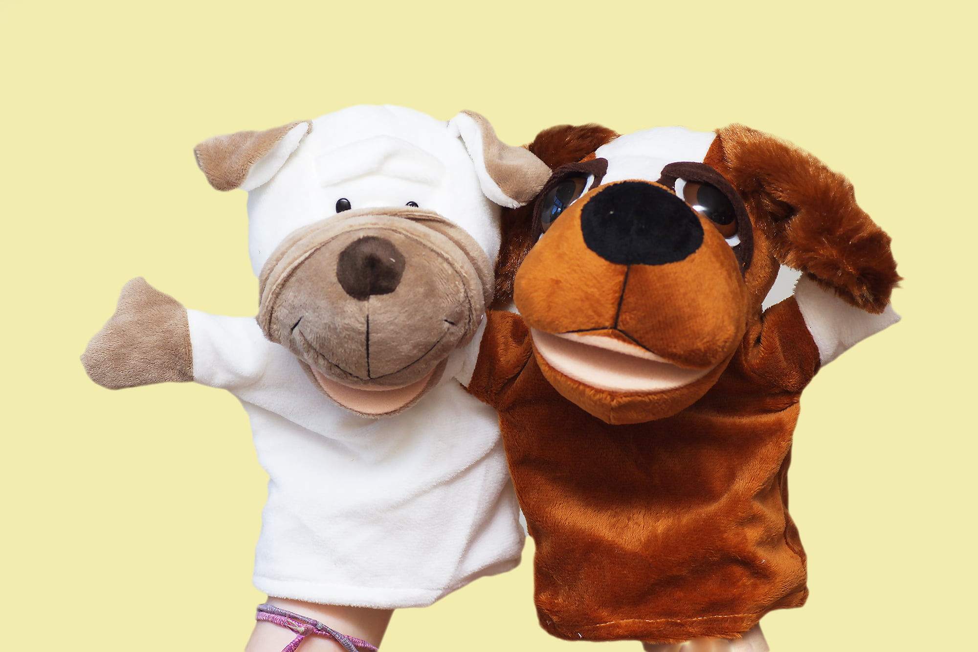 kaks käpiknukk koera müügiks, üks must teine pruun