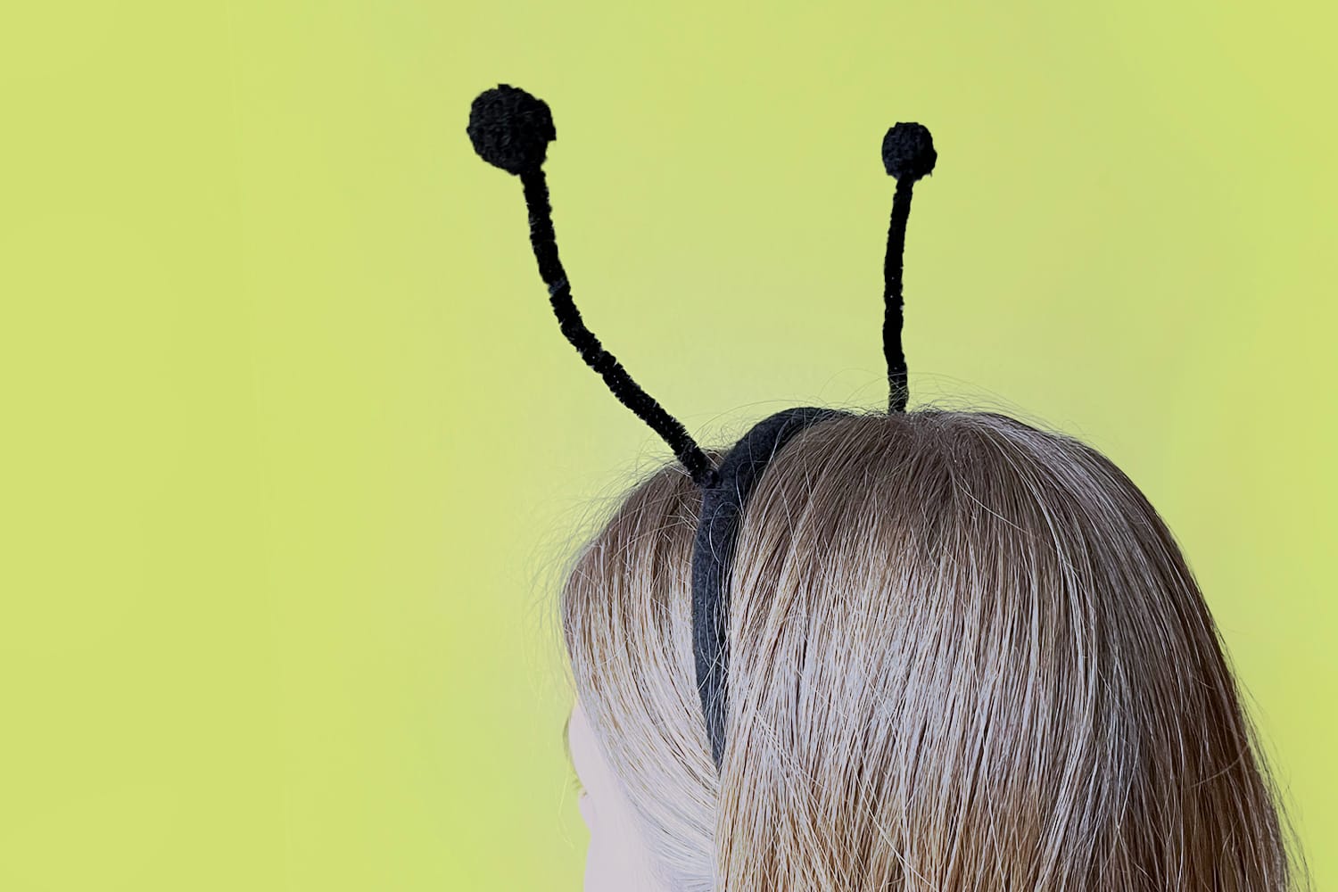 Pikkade juustega tüdrukul on peas mustade sarvedega peavõru. Tüdruk on seljaga ja taust on roheline.