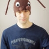 Handmade brown fleece wood ant costume hat for adults. The hat features large white eyes, brown mandibles, and long wired antennae.